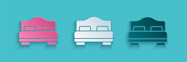 剪纸酒店房间床图标孤立在蓝色背景上。纸艺术风格。向量图片下载