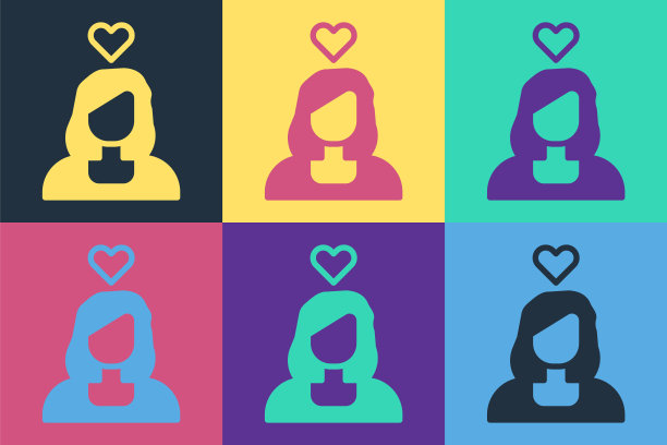 波普艺术浪漫女孩图标孤立的颜色背景。情人节快乐。向量图片下载