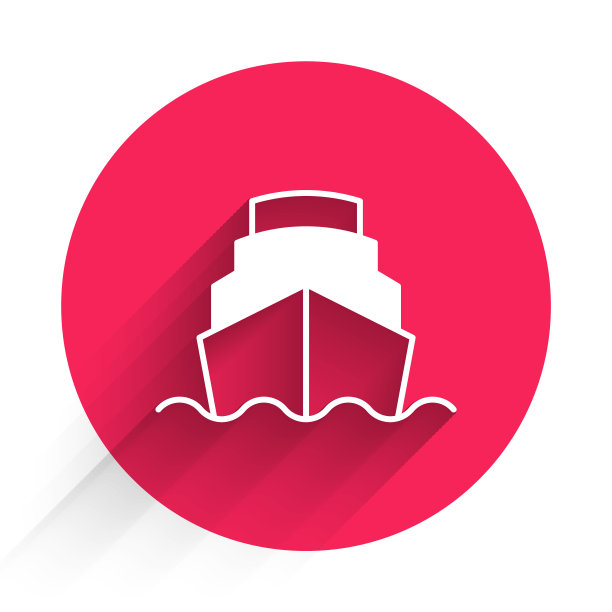 白色游轮在海洋图标孤立与长阴影背景。巡航。红色圆圈按钮。向量图片下载