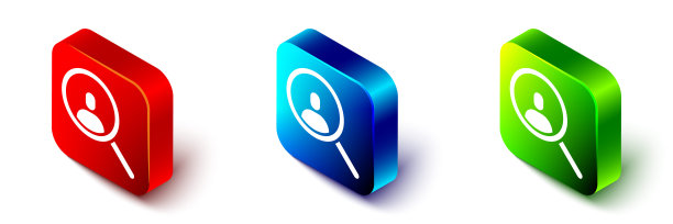 用等距放大镜搜索一个孤立在白色背景上的人物图标。招聘或选拔概念。搜索员工和工作。红色、蓝色和绿色方形按钮。向量图片下载