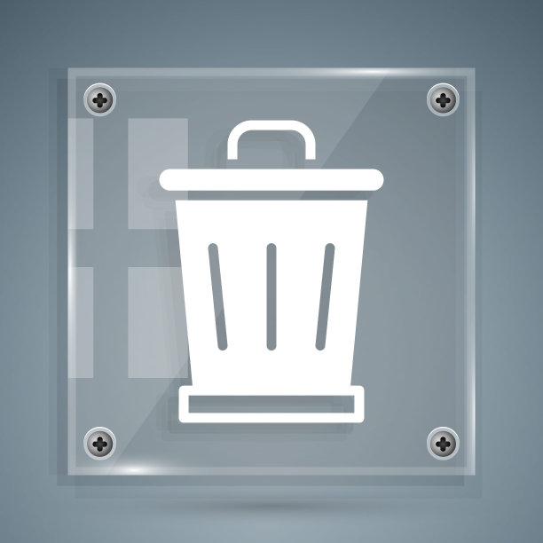 白色垃圾桶图标孤立在灰色背景上。垃圾桶的迹象。回收篮图标。办公室垃圾图标。方形玻璃面板。向量图片下载