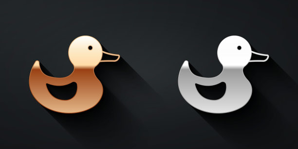 金色和银色橡胶鸭子图标孤立在黑色背景上。长长的阴影风格。向量图片下载