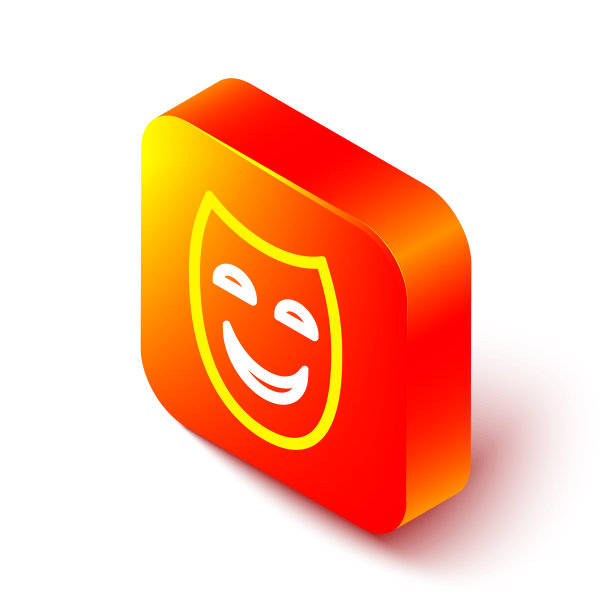 等距线喜剧戏剧面具图标孤立在白色背景上。橙色平方按钮。向量图片下载