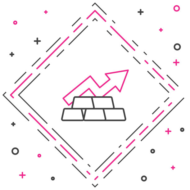 线金融增长图表箭头与金条图标孤立在白色背景上。财务成功的概念。黄金投资的概念。色彩斑斓的轮廓的概念。向量图片下载