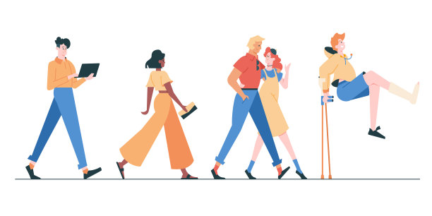 走路的人穿着休闲的衣服。一个拿着笔记本电脑的办公室职员，一个拿着手提包的时尚女孩，一对相爱的情侣拥抱在一起，一个拄着拐杖的快乐的男孩。矢量平面插图。图片下载