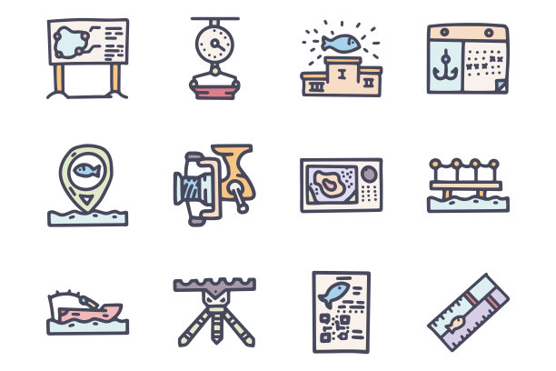 钓鱼活动颜色矢量涂鸦简单的图标集图片下载