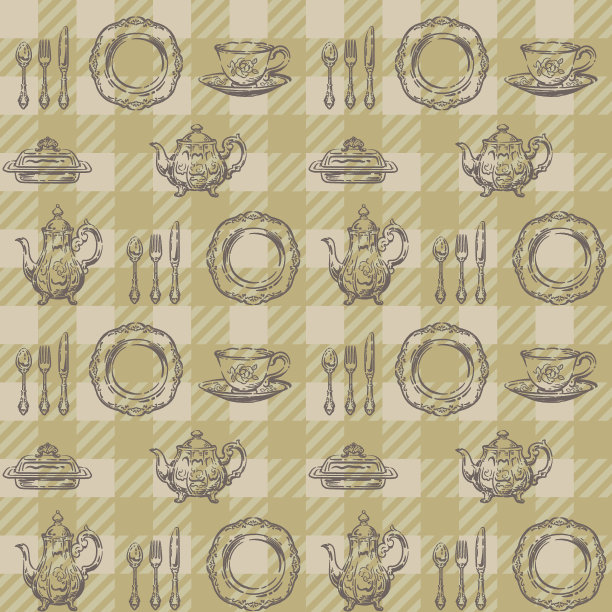 无缝图案与茶时间对象。茶杯和银制餐具。矢量插图。图片下载