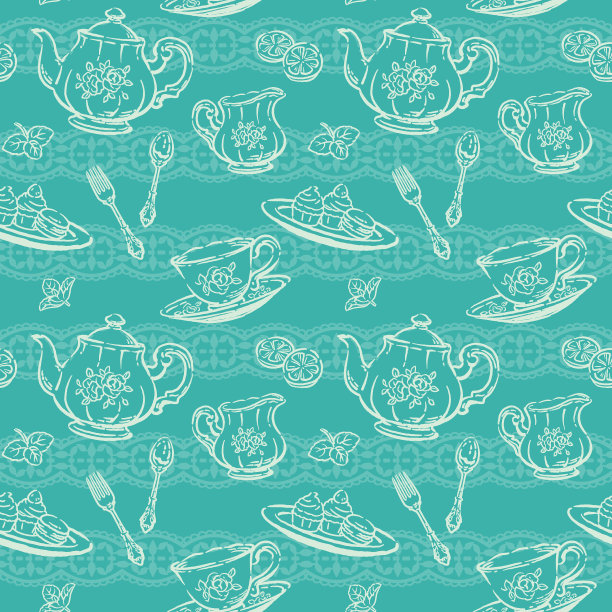 无缝图案与茶时间对象。工具和糕点。矢量插图。图片下载