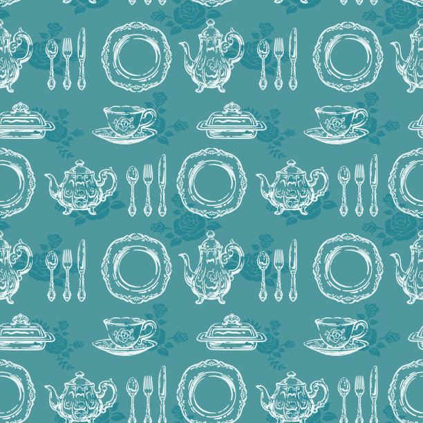 无缝图案与茶时间对象。茶杯和银制餐具。矢量插图。图片下载