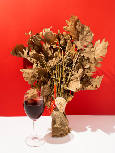 传统传统的平安夜。圣诞原木或badnjak，燃烧的蜡烛在绿色的小麦和红酒在红色的圣诞背景。概念庆祝正统的bozic和badnjak。Badnje vece。图片下载