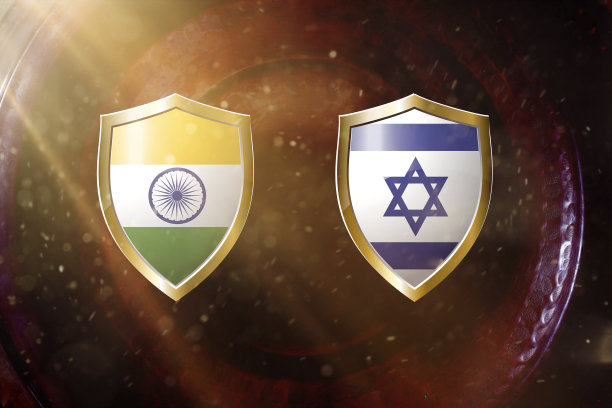 印度和以色列国旗在铜纹理背景上的金盾。3 d演示。图片下载