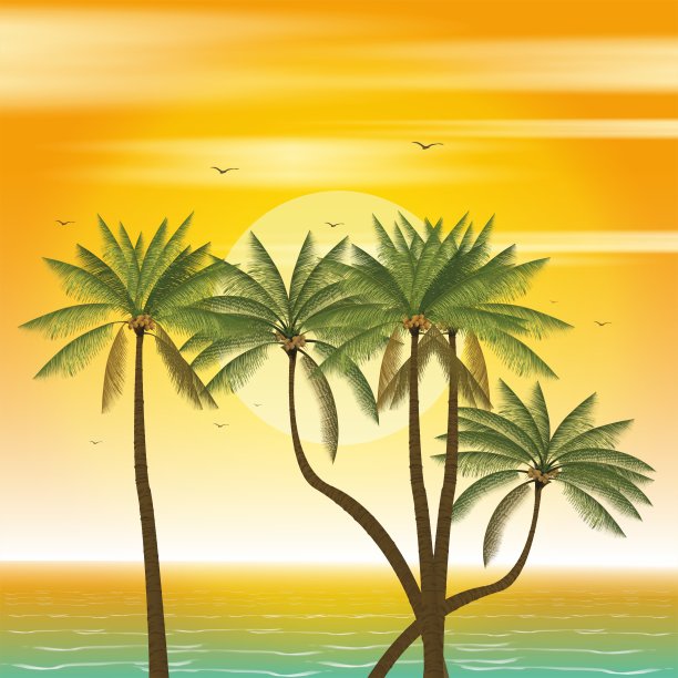 日落和沙滩上的棕榈树图片下载