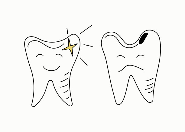 牙齿是生病的和健康的。涂鸦风格。牙菌斑，闪亮洁白的牙齿。图片下载