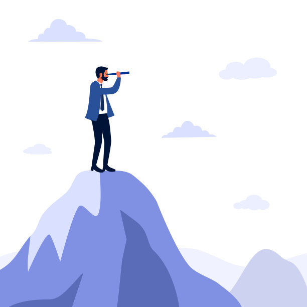 商人拿着望远镜站在平坦的山顶上。面向未来的商业愿景。图片下载