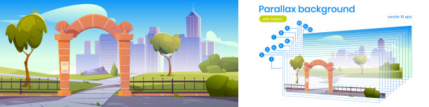 视差背景与石拱在城市公园图片下载