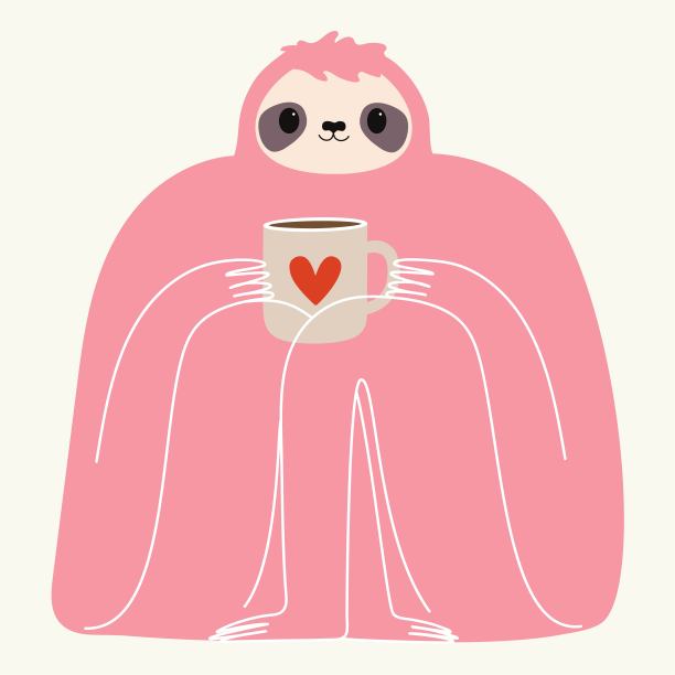 粉红色树懒的矢量插图，拿着一杯热饮。图片下载