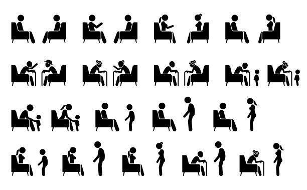 人们坐在沙发或椅子上面对面交谈。图片下载