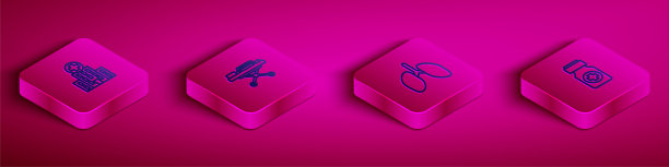 设置医院建筑、担架、肺和药瓶和药丸的等距线图标。向量图片下载