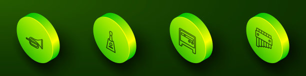 设置等距线喇叭，巴拉莱卡，吉他放大器和排箫图标。向量图片下载