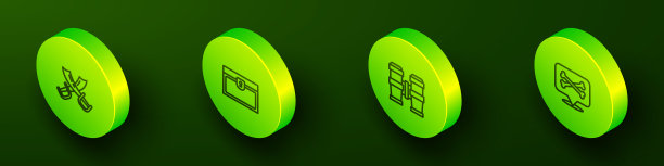 设置等距线交叉海盗剑，古董宝箱，望远镜和位置图标。向量图片下载