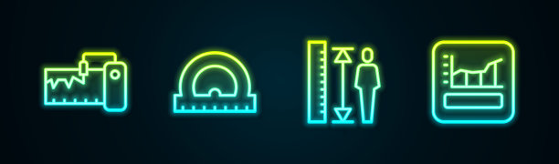 设置线测量仪，量角器，高度仪和图形，时间表，图表，图表。发光的霓虹灯图标。向量图片下载