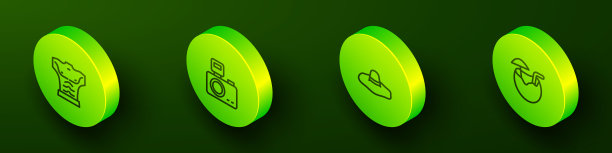 设置等距线健美者肌肉，照片相机闪光灯，优雅的妇女帽子和椰子鸡尾酒图标。向量图片下载