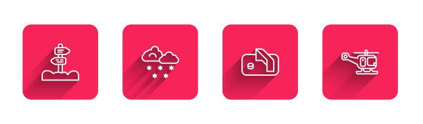 设置道路交通指示牌、雪云、冰球球门和长影子救援直升机。红场按钮。向量图片下载