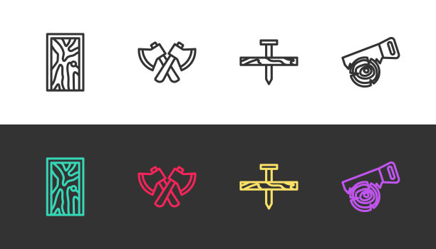 在黑白上设置有“闭门”、“木斧”、“金属钉”、“手锯”、“原木”等线条。向量图片下载