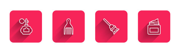 设置须后水，发夹，拖把和面霜化妆品罐的长阴影。红场按钮。向量图片下载