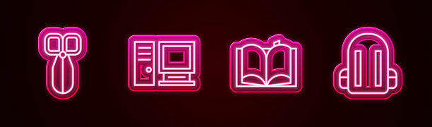 设置线剪，电脑显示器，打开书和书包。发光的霓虹灯图标。向量图片下载