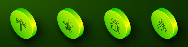 设置等距线蜻蜓，蚊子，金龟子甲虫和蚂蚁图标。向量图片下载