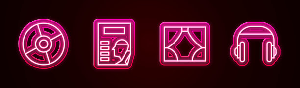 设置线CD或DVD光盘，电影院海报，窗帘和耳机。发光的霓虹灯图标。向量图片下载