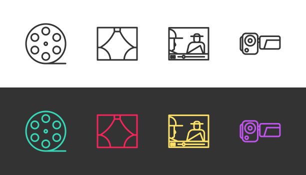 设置线电影卷轴，窗帘，在线播放视频和电影黑白相机。向量图片下载