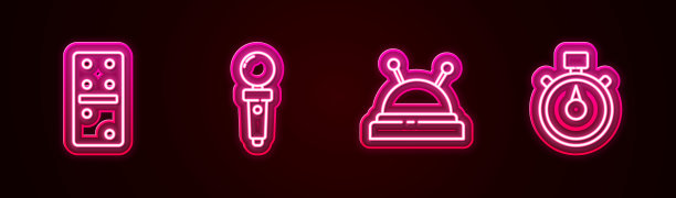 设置多米诺骨牌线，游戏机操纵杆，针床，针和秒表。发光的霓虹灯图标。向量图片下载