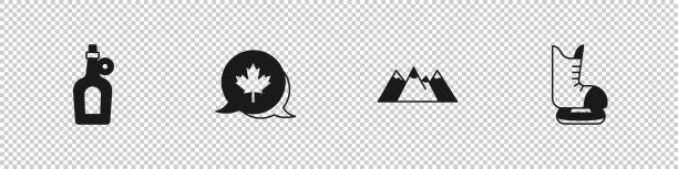 集一瓶枫糖浆，加拿大的叶子，山脉和溜冰鞋的图标。向量图片下载