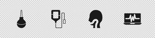 设置灌肠、静脉输液袋、喉咙痛和心电图图标的笔记本电脑。向量图片下载