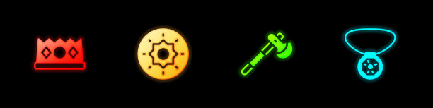 设置国王王冠，盾维京人，木斧和项链与宝石图标。向量图片下载