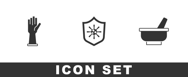 设置医用橡胶手套，防病毒盾牌，臼和杵图标。向量图片下载