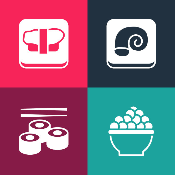 设置流行艺术鱼子酱，寿司，章鱼的盘子和切菜板图标。向量图片下载