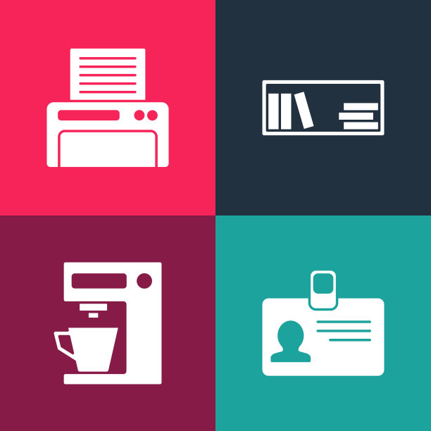 设置波普艺术识别徽章，咖啡机，书架与书籍和打印机图标。向量图片下载