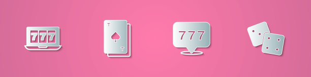 设置剪纸在线老虎机与头奖，玩纸牌黑桃，插槽和游戏骰子图标。纸艺术风格。向量图片下载