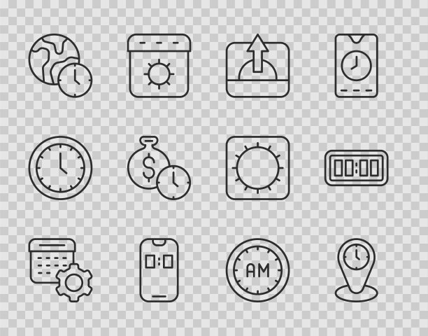 设置行日历设置，时区时钟，日出，手机闹钟应用程序，世界时间，金钱，早晨和数字闹钟图标。向量图片下载