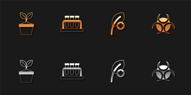 设置盆栽植物，试管和烧瓶，叶片或叶片和生物危害标志图标。向量图片下载