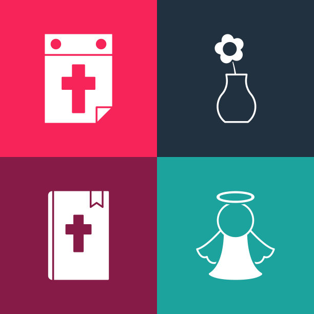 设置波普艺术天使，圣经书，花瓶里的花和日历死亡图标。向量图片下载