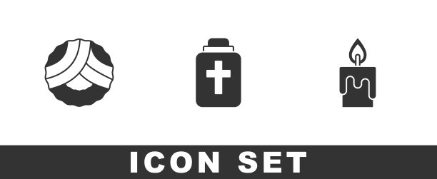 设置纪念花环，葬礼瓮和燃烧的蜡烛图标。向量图片下载