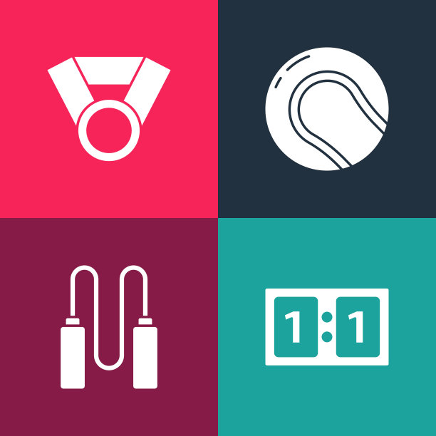 设置波普艺术运动机械记分牌，跳绳，棒球和奖牌图标。向量图片下载