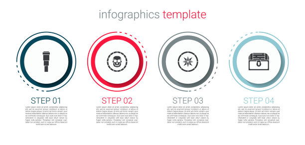 设置望远镜镜头，海盗硬币，指南针和古董宝箱。业务信息模板。向量图片下载