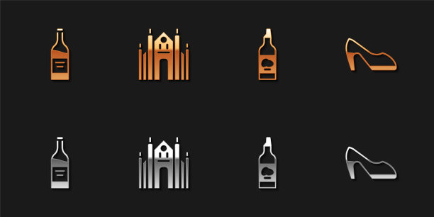 集葡萄酒，米兰大教堂，橄榄油和女人鞋的图标。向量图片下载