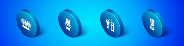 设置等距标志与文本酒店，门锁钥匙，遥控器和马桶图标。向量图片下载