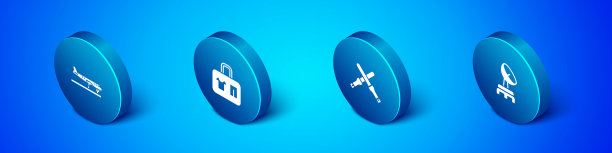 设置等距平面，指挥杆，雷达和手提箱图标。向量图片下载